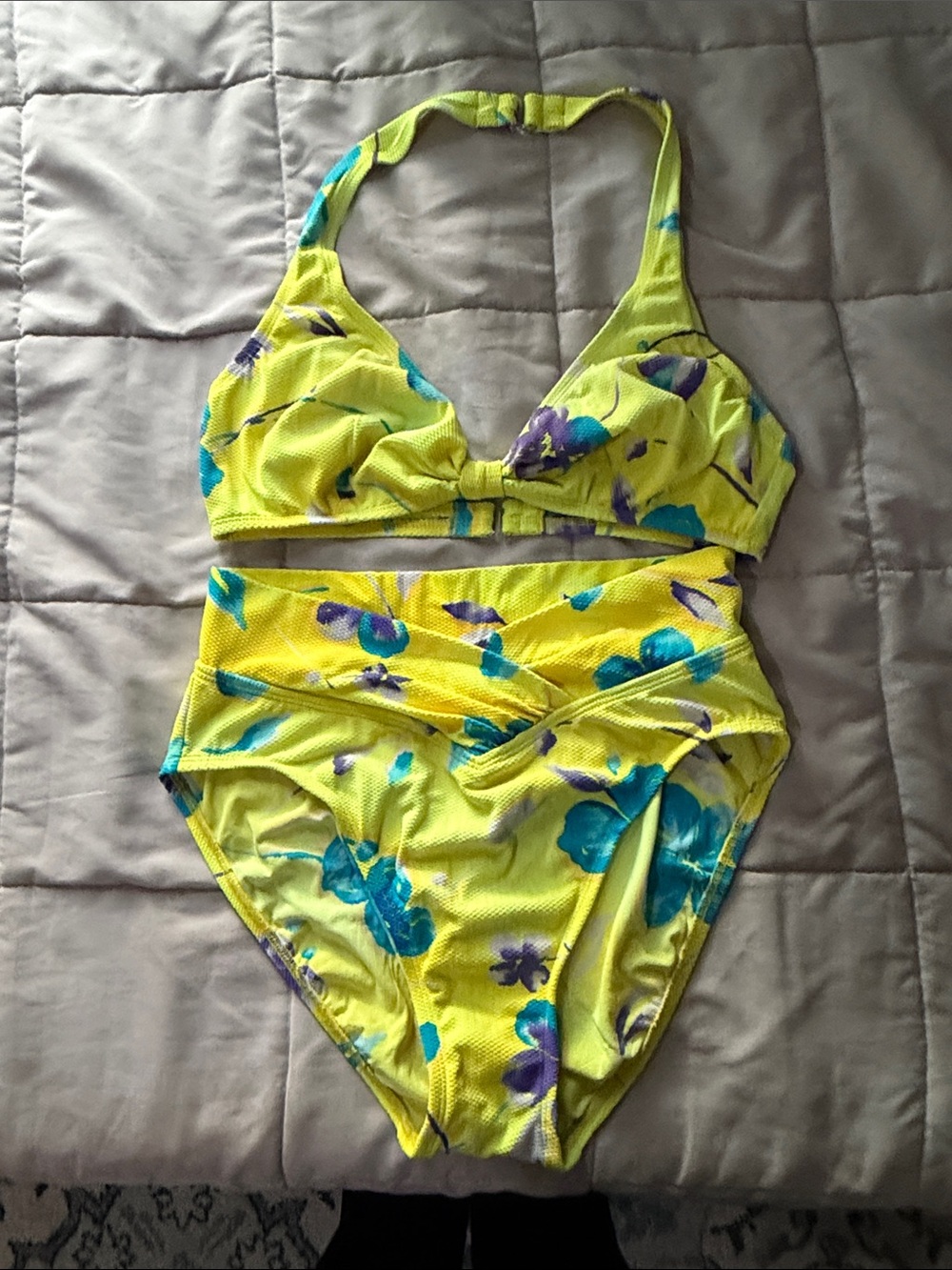 High-Waist Yellow Floral Bikini Set with Twist Front